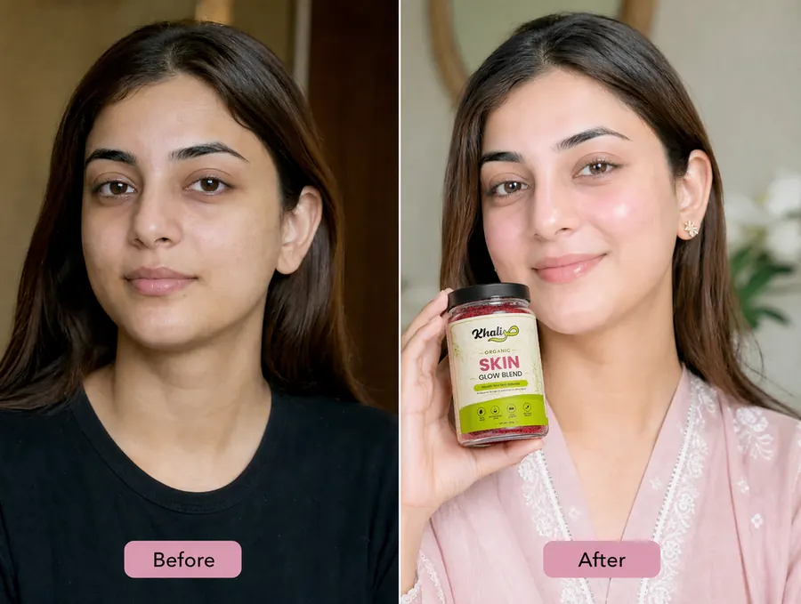 Natural glow and even skin tone before and after Skin Glow Blend